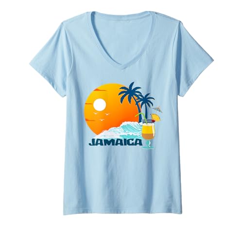 Damen Jamaika Palmen hohe Wellen Sandstrand Insel Karibik Souvenir T-Shirt mit V-Ausschnitt Damen Jamaika Palmen hohe Wellen Sandstrand Insel Karibik Souvenir T-Shirt mit V-Ausschnitt von Urlaubsziele: Jamaika