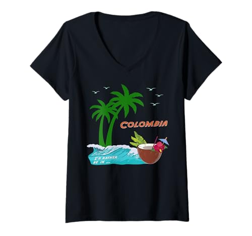 Damen Kolumbien Palmen Strand Cocktail Urlaub Souvenir Südamerika T-Shirt mit V-Ausschnitt von Urlaubsziele: Kolumbien