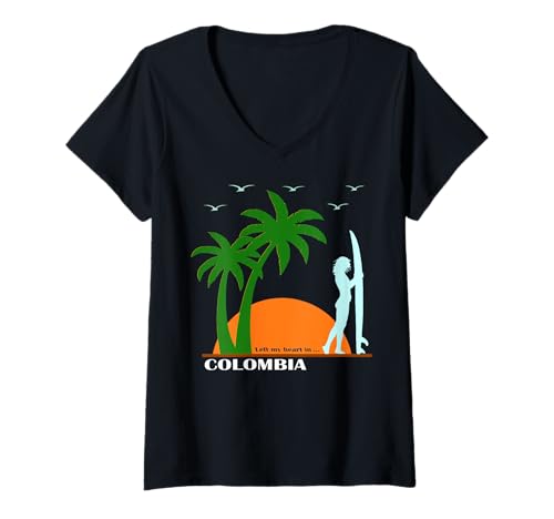Damen Kolumbien Surfen Südamerika Palmen Strand Urlaub Souvenir T-Shirt mit V-Ausschnitt von Urlaubsziele: Kolumbien