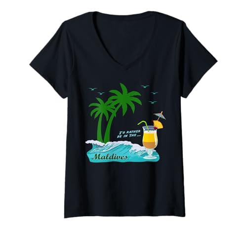 Damen Malediven Palmen weißer Sandstrand Insel Cocktail Souvenir T-Shirt mit V-Ausschnitt von Urlaubsziele: Malediven