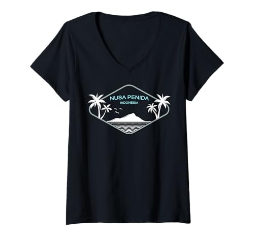 Damen Nusa Penida Indonesien Palmen Schildkröten Souvenir T-Shirt mit V-Ausschnitt von Urlaubsziele: Nusa Penida
