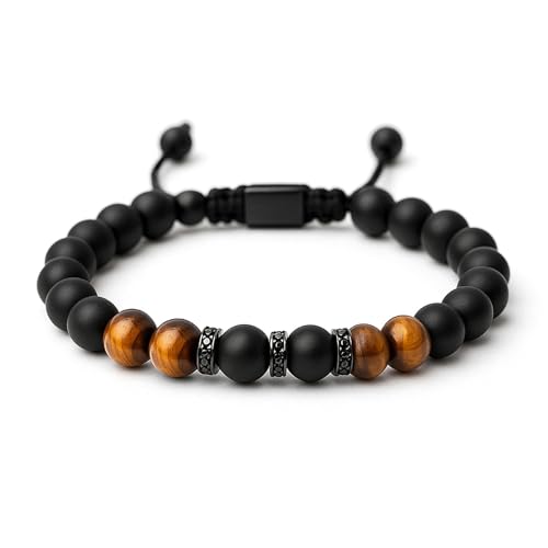 UroClysmic Tigerauge Armband, Schwarzer Achat Stein Armband für Herren, 8MM Chakren Perlenarmband mit Doppeltem Schutz aus Naturstein, Geschenk für Männer, Freunde, Ehemann, Vater von UroClysmic