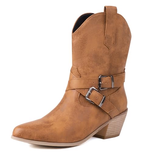 Urrtreusor Damen Schnalle Cowboy Knöchel Stiefel Side Reißverschlussper Western Cowgirl Kurzschaft Stiefeletten Brown Große 44 von Urrtreusor