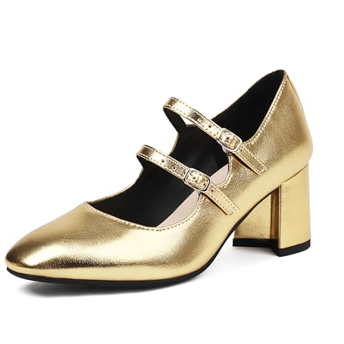 Urrtreusor Damen's Mary Jane Schuhe Lack Leder Retro Low Chunky Absatz Pump Schuhe for Damen Double Knöchelriemchen Pumps Gold Große 45 Urrtreusor Damen's Mary Jane Schuhe Lack Leder Retro Low Chunky Absatz Pump Schuhe for Damen Double Knöchelriemchen Pumps Gold Große 45 von Urrtreusor