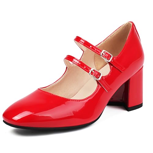 Urrtreusor Damen's Mary Jane Schuhe Lack Leder Retro Low Chunky Absatz Pump Schuhe for Damen Double Knöchelriemchen Pumps Red Sze 42 Urrtreusor Damen's Mary Jane Schuhe Lack Leder Retro Low Chunky Absatz Pump Schuhe for Damen Double Knöchelriemchen Pumps Red Sze 42 von Urrtreusor