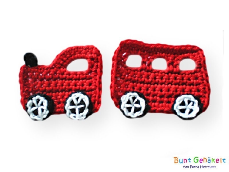 Gehäkelte Eisenbahn, Häkelapplikation, Aufnähe, Applikation, Häkelauto, Jungenapplikation, Zug, Lok von UrsulaPetra