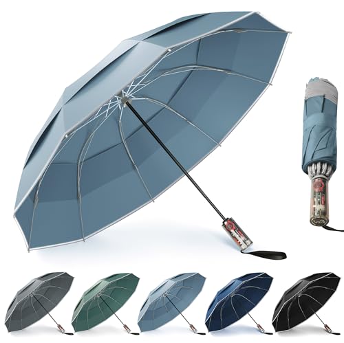 Urvoix Kompakte Golf-Regenschirme Winddicht, Reise-Regenschirm für Regen, 10 Rippen aus Aluminiumlegierung & Fiberglas mit Reflektorstreifen, Doppel-Kuppel Automatisch Anti-Bounce Schließen von Urvoix