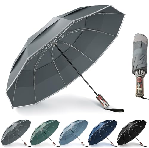 Urvoix Kompakte Golf-Regenschirme Winddicht, Reise-Regenschirm für Regen, 10 Rippen aus Aluminiumlegierung & Fiberglas mit Reflektorstreifen, Doppel-Kuppel Automatisch Anti-Bounce Schließen Urvoix Kompakte Golf-Regenschirme Winddicht, Reise-Regenschirm für Regen, 10 Rippen aus Aluminiumlegierung & Fiberglas mit Reflektorstreifen, Doppel-Kuppel Automatisch Anti-Bounce Schließen von Urvoix