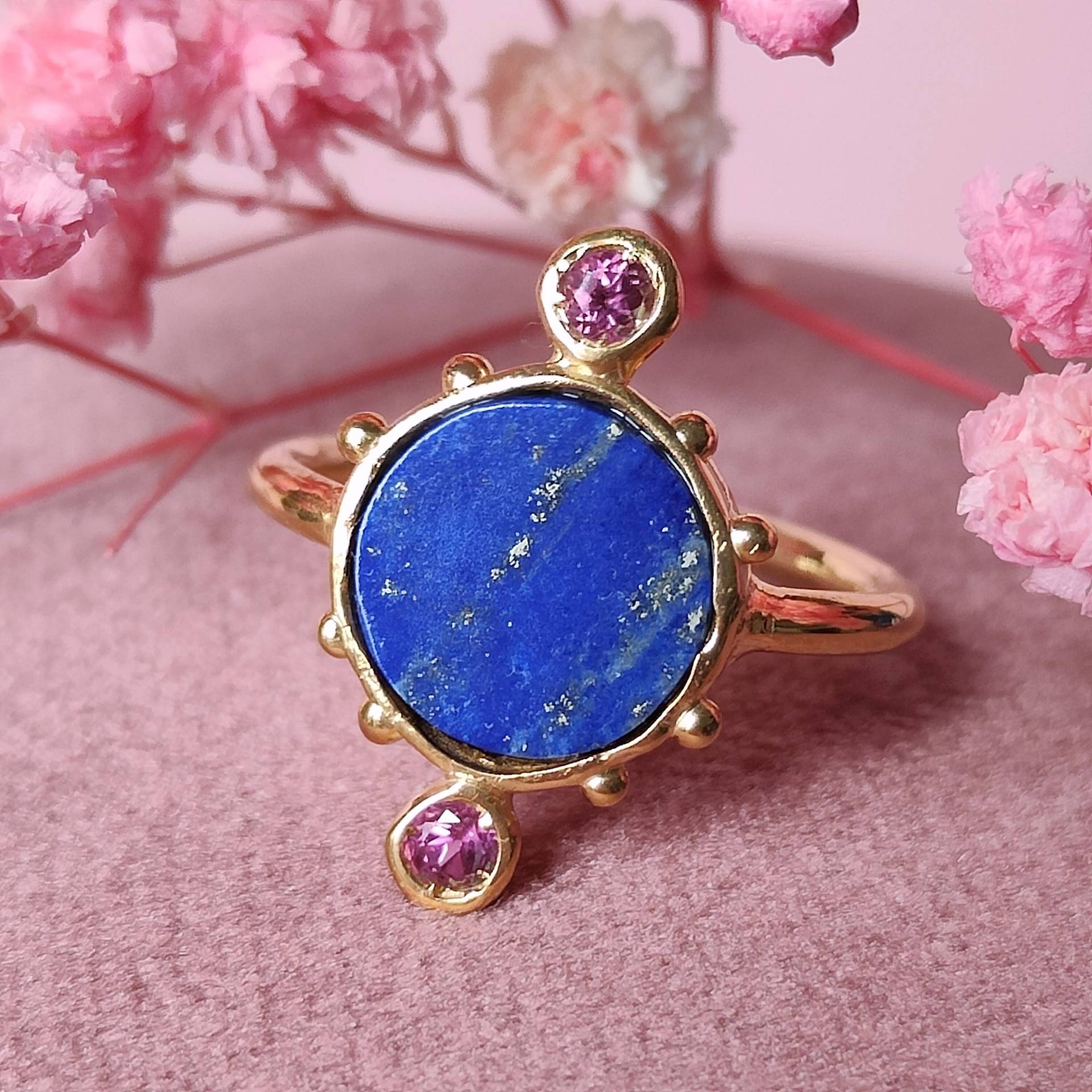 Vergoldeter 925Er Silberring Mit Lapislazuli Und Rosa Turmalinen - Größe L1/2 | Uk-Größe Vergoldeter 925Er Silberring Mit Lapislazuli Und Rosa Turmalinen - Größe L1/2 | Uk-Größe von UsagiJewels