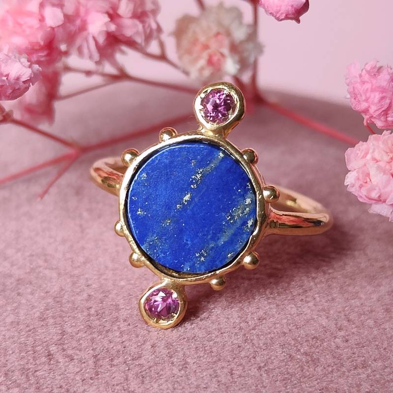 Vergoldeter 925Er Silberring Mit Lapislazuli Und Rosa Turmalinen - Größe L1/2 | Uk-Größe Vergoldeter 925Er Silberring Mit Lapislazuli Und Rosa Turmalinen - Größe L1/2 | Uk-Größe von UsagiJewels