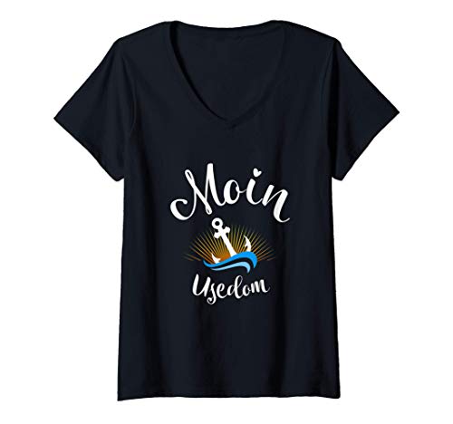 Damen Moin Usedom mit Anker für Strandurlaub an Küste und Meer T-Shirt mit V-Ausschnitt von Usedom Ostsee Insel Urlaub Plattdeutscher Humor