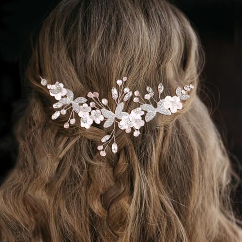 Ushiny Blumen-Hochzeits-Stirnband, silberfarben, Brautschmuck, Weinrebe, Kristall-Haarschmuck, Braut-Kopfschmuck für Damen und Mädchen von Ushiny