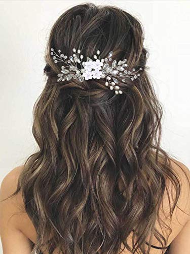 Ushiny Blumen Braut Hochzeits Haarkamm silberner Kristall Kopfschmuck Perlen Braut Haarschmuck für Frauen und Mädchen von Ushiny