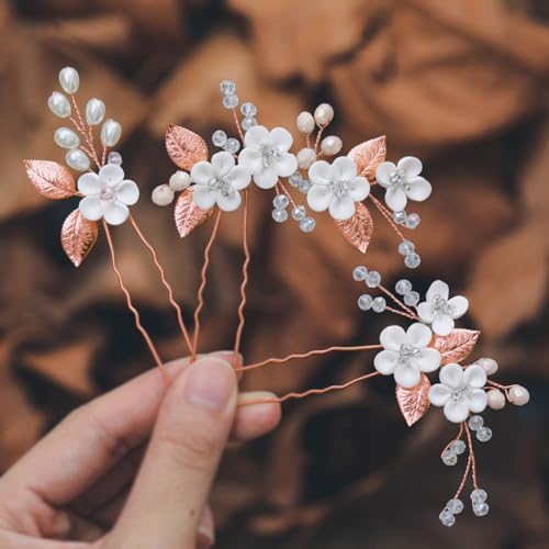 Ushiny Blumen-Braut-Hochzeits-Haarnadeln, Roségold, Perlen-Haarspange, Stylist-Haar-Accessoires für Frauen und Mädchen (3 Stück) von Ushiny