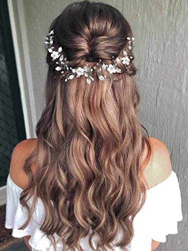 Ushiny Blumen Braut Hochzeits Haarranke silberne Perle langes Stirnband Blatt Stylist Haarschmuck für Frauen und Mädchen von Ushiny