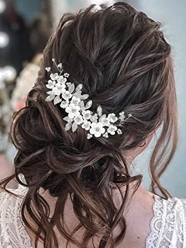 Ushiny Blumen Braut Hochzeits Stirnband silberner Kristall Braut Haarranke, Perlen Haarschmuck für Frauen und Mädchen von Ushiny