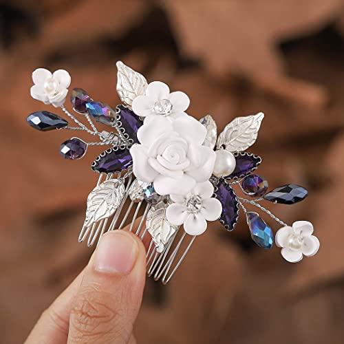 Ushiny Blumen Hochzeits Haarschmuck silberner Haarkamm Strass Brauthaarschmuck für Frauen und Mädchen von Ushiny