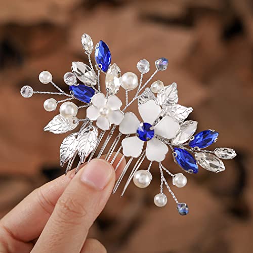 Ushiny Blumen Hochzeits Haarschmuck silberner Strass Haarkamm Perlen Brauthaarschmuck für Frauen und Mädchen von Ushiny