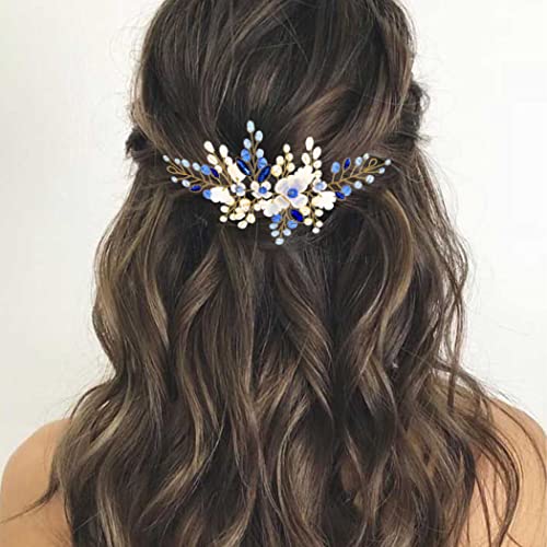 Ushiny Blumenbraut Hochzeit Stirnband Gold Braut Haarschmuck Kristall Haarschmuck Abschlussball Perlen Kopfschmuck für Frauen und Mädchen von Ushiny