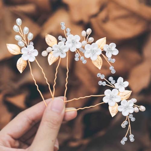 Ushiny Blumen Braut Hochzeits Haarnadeln Perlen Haarspange Stylisten 3 Stück Haar Accessoires für Frauen und Mädchen（Gold） von Ushiny
