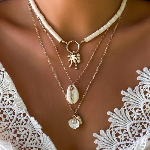 Ushiny Boho Halskette mit mehrlagiger Kette goldfarbene Anhänger Halskette 3 Stück Muschel Halskette Schmuck für Frauen und Mädchen von Ushiny