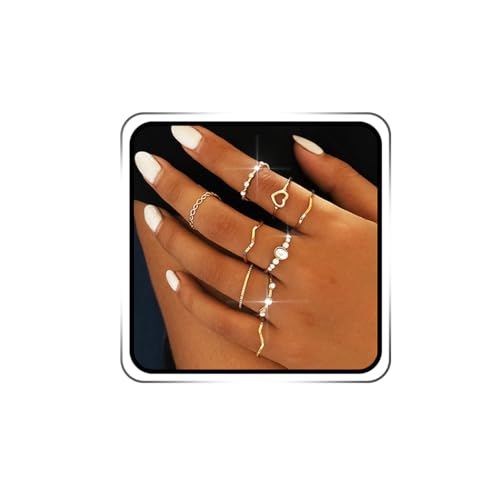 Ushiny Gold Boho Kristall Knöchelring-Set (9 Stück) 14 Karat vergoldeter Metallring für Damen und Mädchen, Metall, Kristall von Ushiny