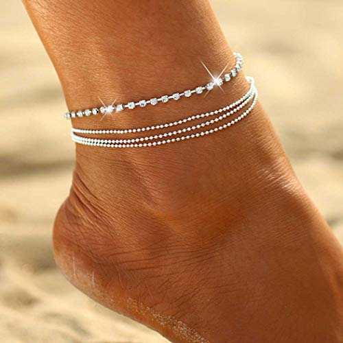 Ushiny Boho Kristall Fußkettchen Silber Perle Knöchel Armband Vintage Strass Fußkettchen Verstellbarer Sommer Strand Fußkette Schmuck für Frauen und Mädchen von Ushiny