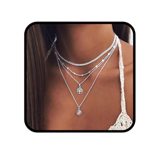 Ushiny Boho geschichtete Halskette Baum des Lebens Kristallanhänger Halskette Silber Vintage Halskette Schmuck für Frauen und Mädchen (#XL-306-1) von Ushiny