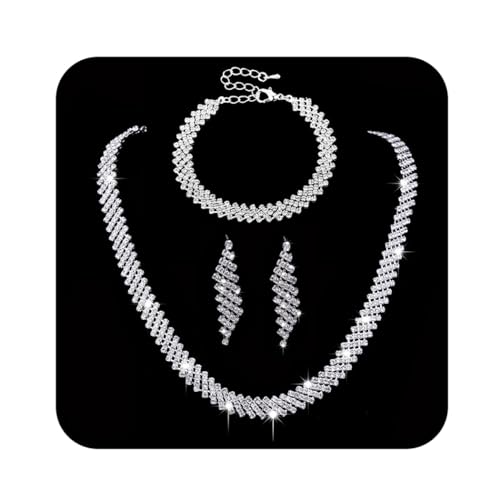 Ushiny Brautschmuck-Set, Silber, Strass, Halskette, Armband, Ohrringe, Set mit funkelnden Kristallen, passend für Hochzeitstag für Frauen und Mädchen von Ushiny