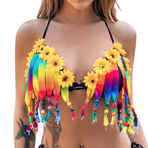 Ushiny Crop Top Buntes Quaste Neckholder Top Regenbogen Rave Outfit Blume Tank Top mit integriertem BH für Damen und Mädchen, Bunt 1, Small von Ushiny