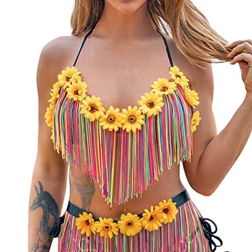 Ushiny Crop Top Buntes Quaste Neckholder Top Regenbogen Rave Outfit Blume Tank Top mit integriertem BH für Damen und Mädchen, bunt 2, Small von Ushiny