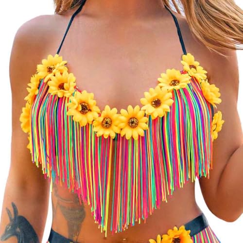 Ushiny Quasten BH Top Regenbogen Bikinioberteil Bauchfreies Top Blumen Tanktop Rave Accessoires für Frauen und Mädchen von Ushiny