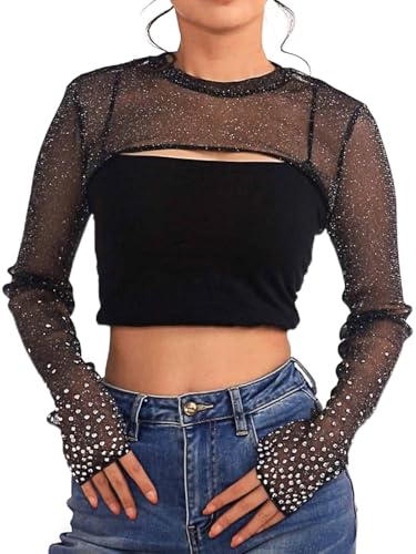 Ushiny Damen Schwarze Bolero Funkel Sheer Mesh Schultern Glitter Crop Top von Ushiny