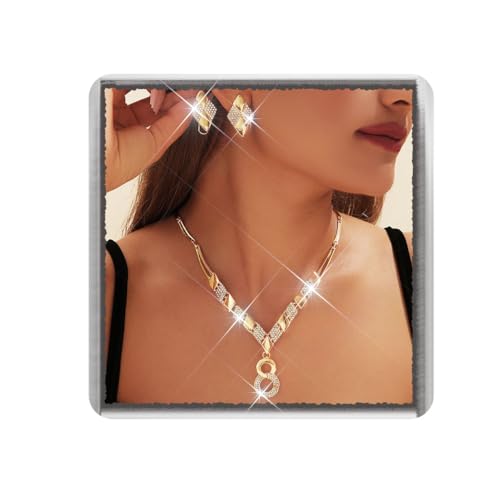 Ushiny Eternal Anhänger Halskette und Ohrringe Schmuck Gold Rhombus Strass Mode Schmuck Set für Frauen von Ushiny