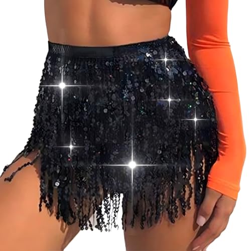 Ushiny Damen Rock Pailletten Quasten Rock Rave Rock Bauchtanz Kostüm Bauchtanz Mini Rock für Damen und Mädchen von Ushiny