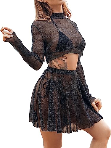 Ushiny Glänzend Rock Set Schwarzes Top und Rock Anzug Hollow Out Party Frauen 2 Stück Outfits Hohe Elastizität Rave-Outfit für Frauen und Mädchen von Ushiny