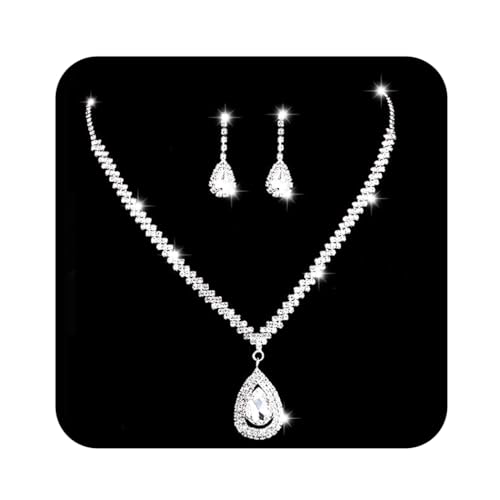 Ushiny Hochzeits-Brautschmuck-Set, Silber-Kristall-Halskette und Ohrringe, baumelnde Ohrringe, Schmuck Set für Frauen und Mädchen von Ushiny