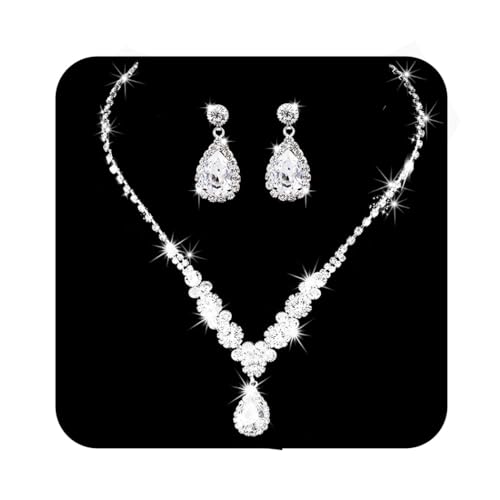 Ushiny Braut Hochzeit Halskette und Ohrring Schmuck Silber Strass Kristall Anhänger Halsketten Ohrringe Set Prom Hals Ohr Zubehör für Frauen von Ushiny