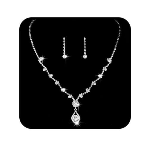 Ushiny Hochzeits-Brautschmuck-Set, Silber-Kristall-Halskette und Ohrringe Set, baumelnde Ohrringe, Schmuck Set für Frauen und Mädchen von Ushiny