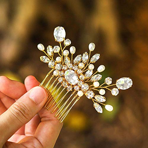 Ushiny Kristall Braut Hochzeit Haarkamm Gold Kopfschmuck Strass Haar Seitenkamm für Frauen und Mädchen von Ushiny