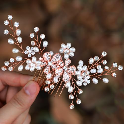 Ushiny Kristall Braut Hochzeit Haarkamm Perlen Kopfschmuck Blumen Haar Seitenkamm für Frauen und Mädchen (Roségold) von Ushiny