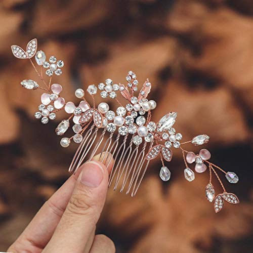 Ushiny Kristall Braut Hochzeit Haarkamm Roségold Kopfschmuck Perlen Haarspangen Blatt Braut Haarschmuck für Frauen und Mädchen von Ushiny