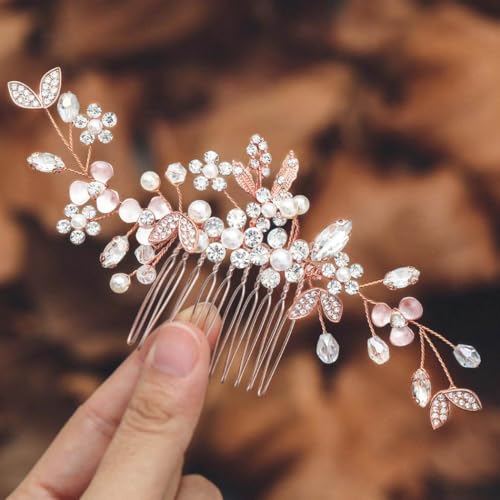 Ushiny Kristall Braut Hochzeit Haarkamm Roségold Kopfschmuck Perlen Haarspangen Blatt Braut Haarschmuck für Frauen und Mädchen von Ushiny