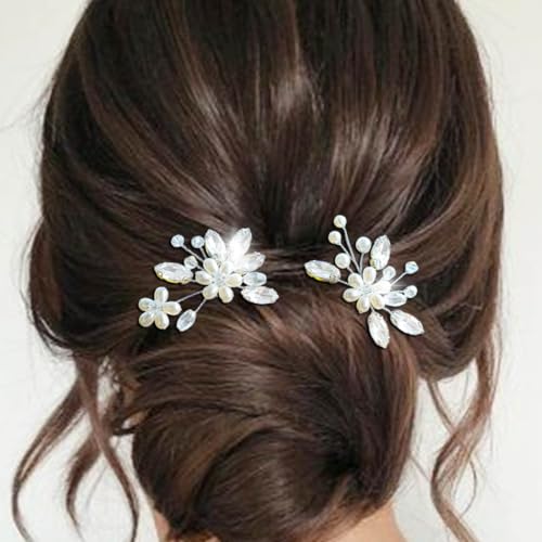 Ushiny Kristall Braut Hochzeit Haarnadeln Silber Perlen Haarteil Haarspange Braut Haarschmuck für Frauen und Mädchen (2er Pack) von Ushiny