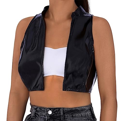 Ushiny Leder weste schwarzes Crop-Top Stehkragen ärmelloses Tank-Top Rave-Kostüm für Damen und Mädchen (as3, alpha, m, regular, regular, Schwarz) von Ushiny