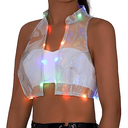 Ushiny Leuchtweste transparentes Crop-Top LED-Rave-Kostüm Stehkragen ärmelloses Tanktop für Damen und Mädchen (as3, Alpha, l, Regular, Regular, Durchsichtig) von Ushiny