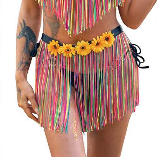 Ushiny Mayelia Regenbogen-Rave-Rock, bunte Quastenrock, Blumenfransenrock, Party, Bauchtanz, Hüfttuch, Rave-Outfit für Damen und Mädchen, Bunt 1, Einheitsgröße von Ushiny