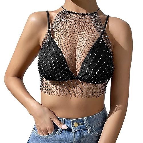 Ushiny Mesh Kristall Top Festival Outfit Strass Netz Tanktop ausgehöhlt glitzerndes Körper Accessoire für Frauen und Mädchen von Ushiny