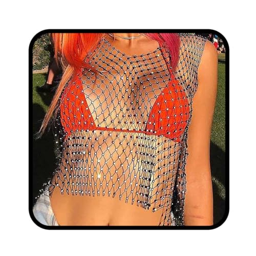 Ushiny Mesh Kristall Top Festival Outfit Strasssteine Fischnetz ausgehöhltes Tank Top V Ausschnitt glitzerndes Körperzubehör für Frauen und Mädchen(Schwarz) von Ushiny