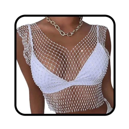 Ushiny Mesh Kristall Top Festival Outfit Strasssteine Fischnetz ausgehöhltes Tank Top V Ausschnitt glitzerndes Körperzubehör für Frauen und Mädchen(Weiß) von Ushiny